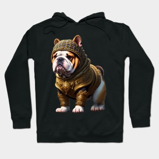 Badass Bulldog Puppy in Golden Chainmail Armor and Helmet Hoodie